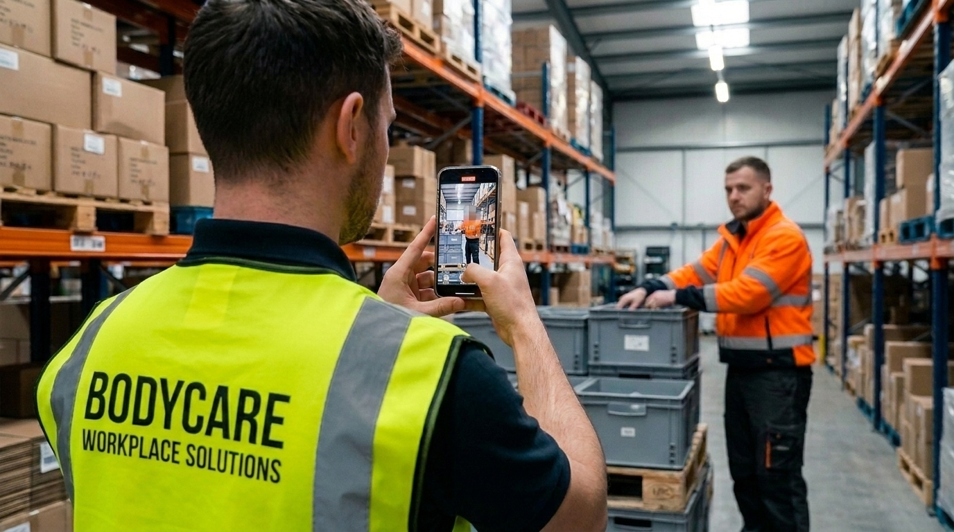 A worker lifts a crate in a warehouse while a tripod-mounted camera records the task for assessment