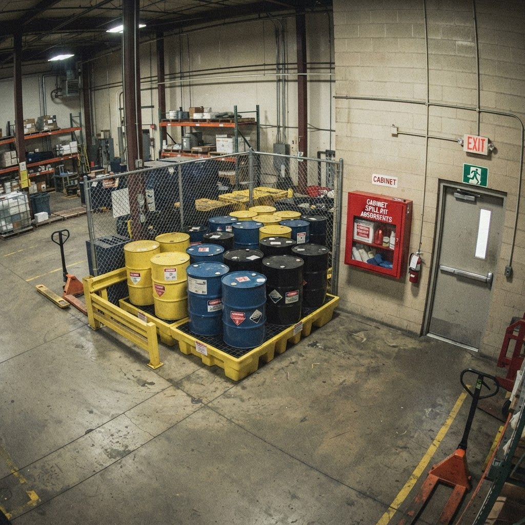 A fixed CCTV camera view of a hazardous-waste storage area with sealed containers, a wall-mounted spill kit, and a marked emergency exit
