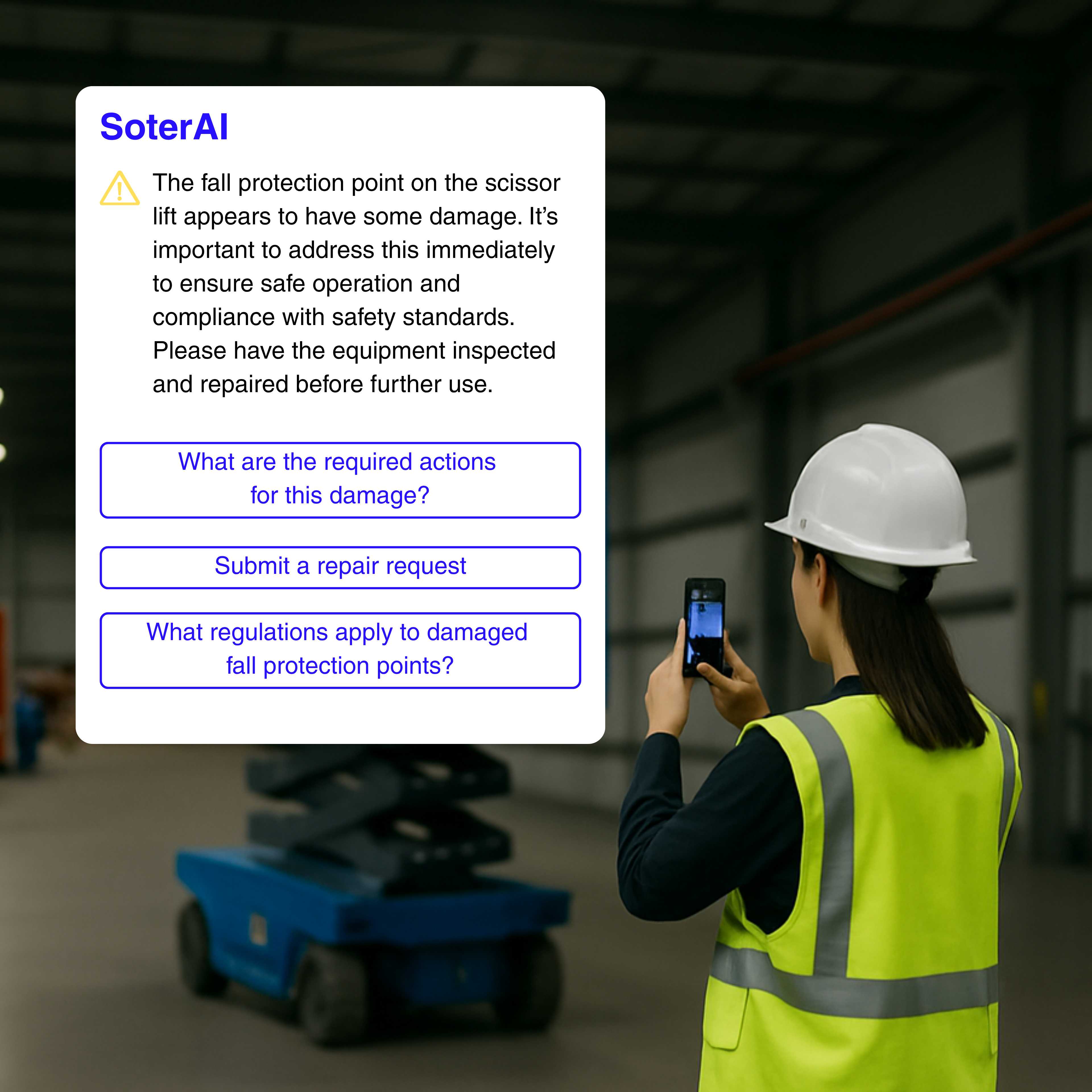 Safety professional using SoterAI mobile app to identify and address fall protection damage in industrial warehouse